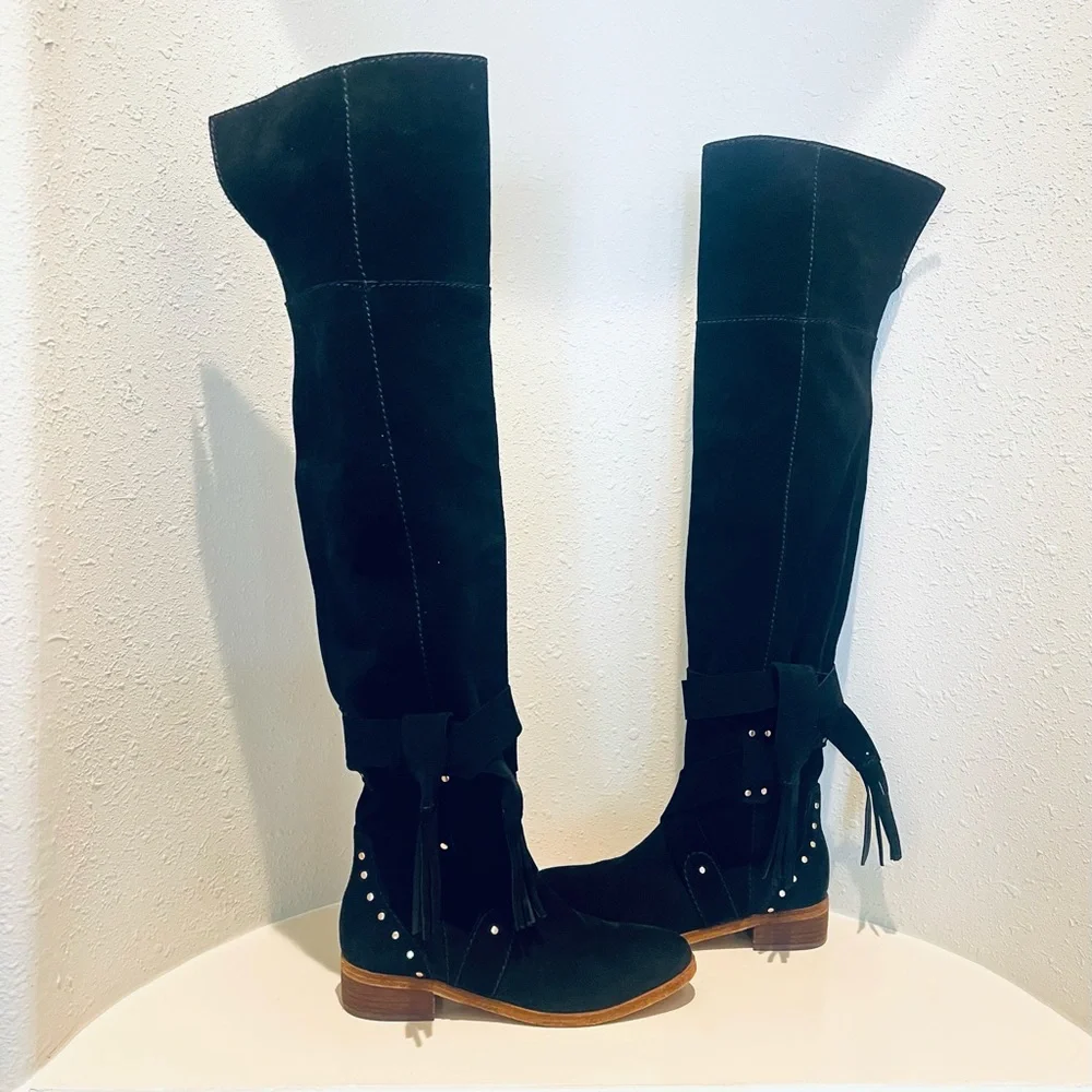 See By Chloe Dasha Suede Black Over the Knee Block Heel Boots Size 5 NEW